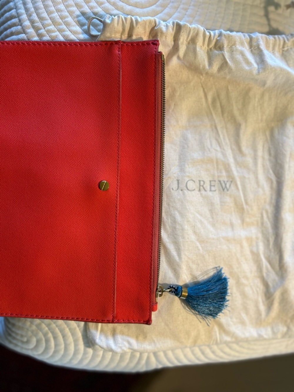 J. Crew Red Leather Pouch with Blue Tassel Accent